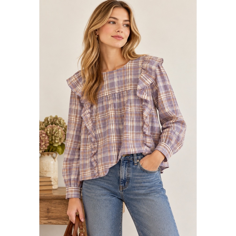 LOFT Plaid Blouse Women XL Purple Ruffle Trim Cottagecore Long Sleeve Top Fall